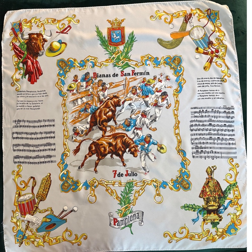 Vintage Dianas de San Fermin Pamplona Bull Run Scarf White Square